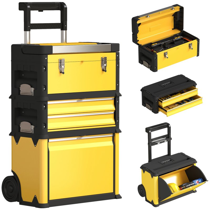 HOMCOM 3-in-1 Rolling Tool Box, Stackable, Modular Powder Coated Steel Toolbox with Tray, Handles, Latches, Wheels, Heavy Duty Tool Storage System for Workshop, Garage, 520mm x 320mm x 720mm, Yellow