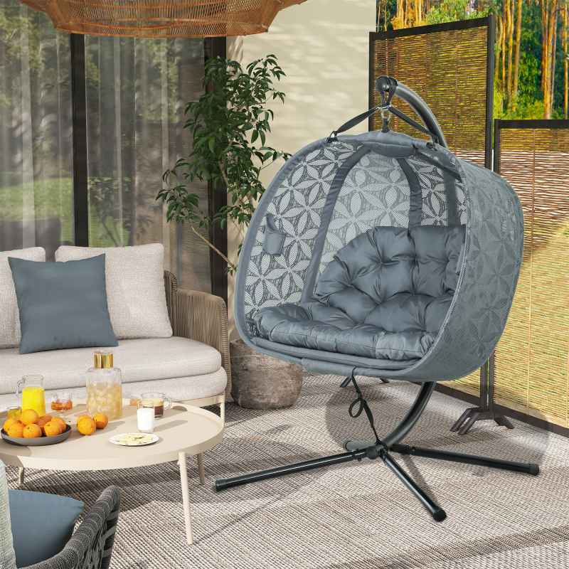 Outsunny Outdoor Double Hanging Chair, Swing Chair with Metal Stand, Thick Padded Cushion, Foldable Basket and Cup Holders, for Indoor and Outdoor, Charcoal Grey