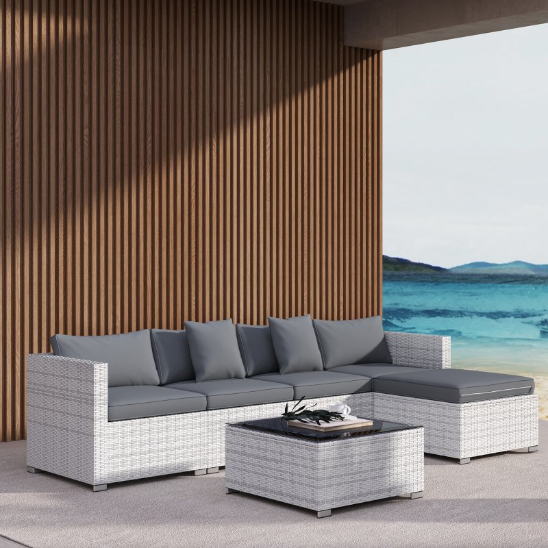 Outsunny 6 Pieces Rattan Garden Furniture Set, 5 Seater Sectional Garden Corner Sofa Set with Glass Top Coffee Table, Cushions and Pillows, All-Weather Wicker Conversation Furniture, Mixed Grey