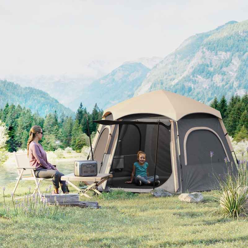 Outsunny Instant Pop Up Camping Tent, 2/3/4 Person Easy Setup Dome Family Tent with Vestibule, Rainfly, 4 Mesh Windows & 2 Doors, Hexagonal Design, Waterproof & UV Protected, Dark Grey
