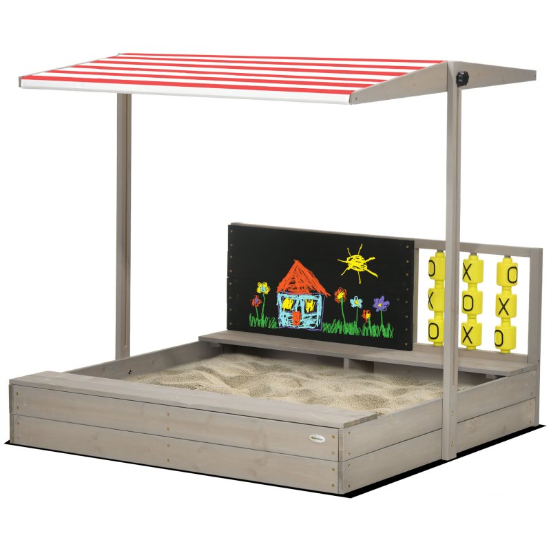 Outsunny Kids Wooden Sand Pit, Children Sandbox w/ Non-Woven Fabric, Two Seats, Canopy, for Gardens, Playgrounds - Grey