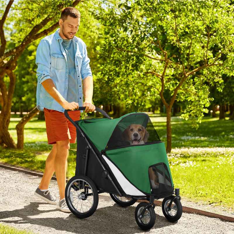 PawHut Large Dog Stroller Dog Pram Foldable Pet Pushchair with Safety Leashes for Medium, Large Dogs - Green