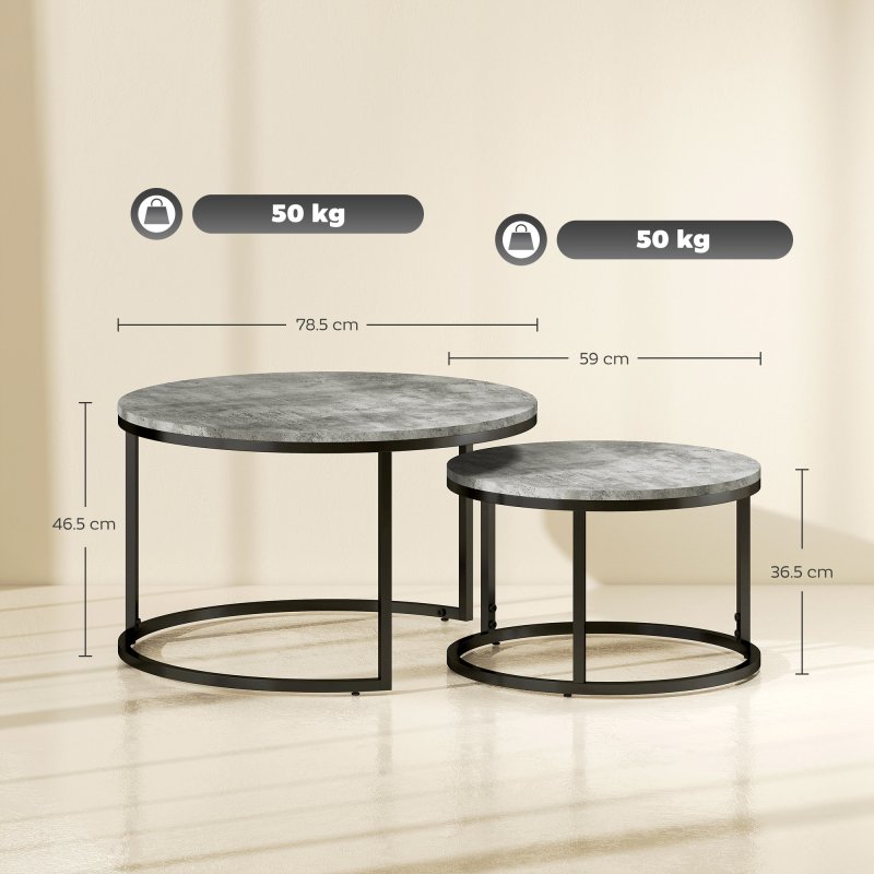 HOMCOM Round Nesting Coffee Table Set of 2, Large Stacking End Side Table with Steel Frame for Living Room, Bedroom, Home Office, 78.5 x 78.5 x 46.5 cm, Cement Grey