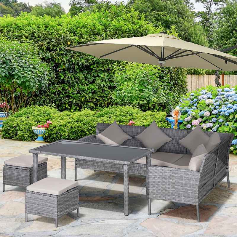 Outsunny 5 Pieces Rattan Garden Furniture Set, 6 Seater Wicker Dining Set, Corner Garden Sofa Outdoor Furniture Set with Glass Top Table, Footstool and Cushions for Patio, Beige