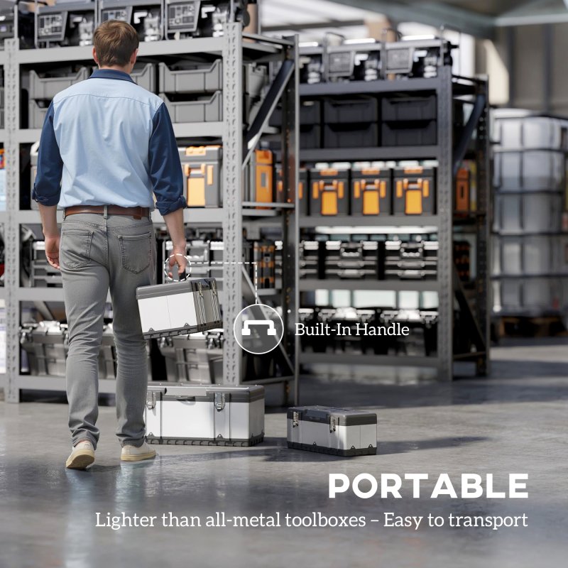 HOMCOM 3 Pieces Tool Box Set, 23"/ 19"/ 16" Powder Coated Stainless Steel Toolbox with Removable Tray, Handles, Latches, Heavy Duty Tool Case Storage for Workshop, Garage