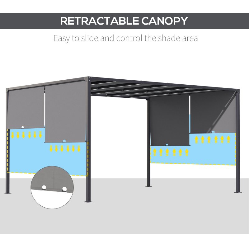 Outsunny 3(m) x 4m Pergola with Solar LED Lights, Garden Gazebo with Retractable Roof, Steel Frame, Outdoor Sun Shade Shelter for Patio Balcony Porch, Dark Grey