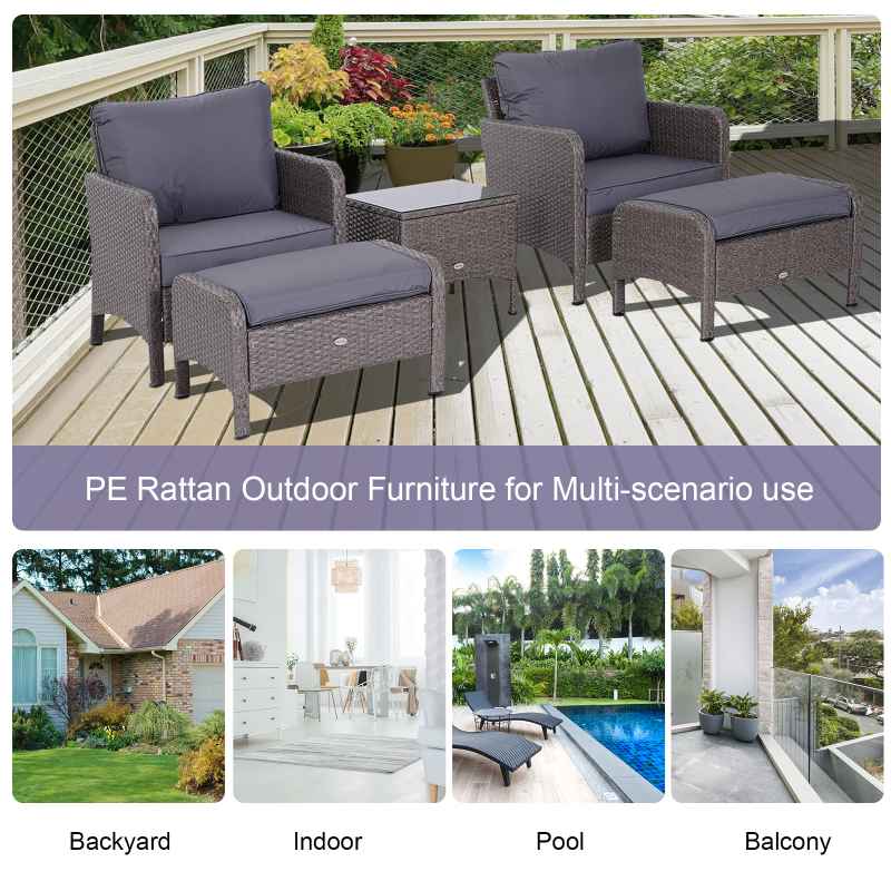 Outsunny 5 Pieces PE Rattan Garden Furniture Set with 10cm Thick Padded Cushions, Wicker Weave Outdoor Seating Chairs with 2 Armchairs, 2 Stools, Glass Top Table, Grey