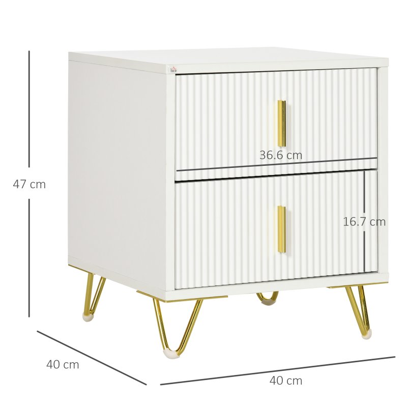 HOMCOM Modern 2 Drawer Dresser, Fluted Bedroom Dresser Chest of Drawers with Metal Legs and Steel Handles for Bedroom, White