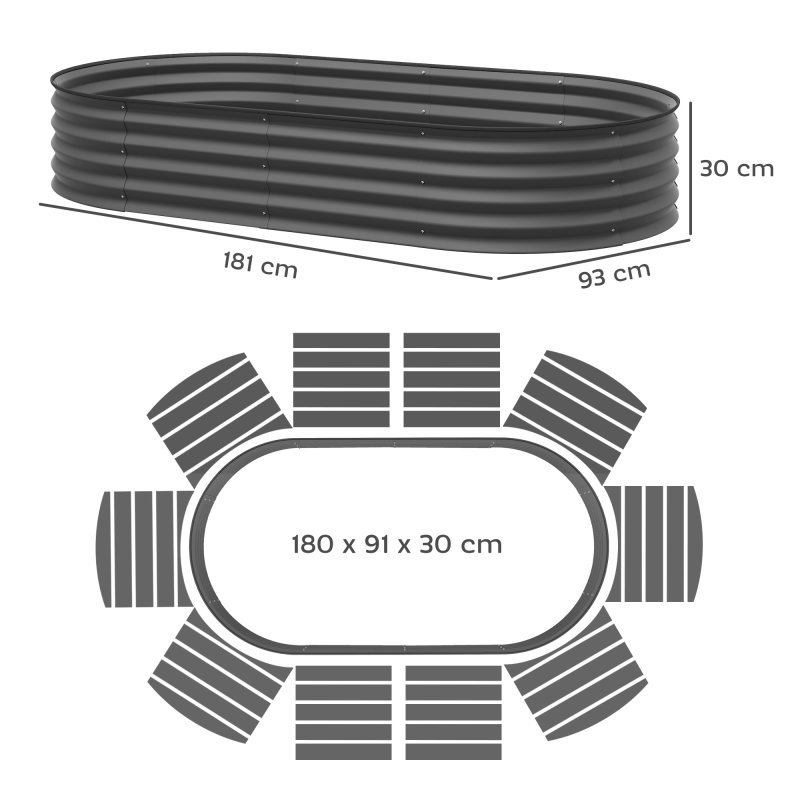 Outsunny Set of 2 Raised Beds for Garden, Outdoor Galvanised Planter Box with Plant Support Stakes, Rubber Strap Edging and Bottomless for Flower, Vegetable, 181 x 93 x 30 cm, Dark Grey