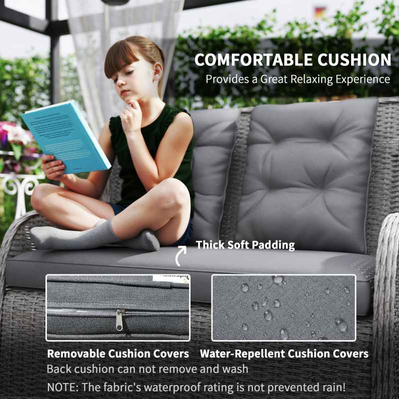 Outsunny Garden PE Rattan Dining Sofa Set, Outdoor 4 Seater Wicker Furniture, High Back Chairs with Cushions, Tempered Glass Coffee Table for Patio, Light Grey