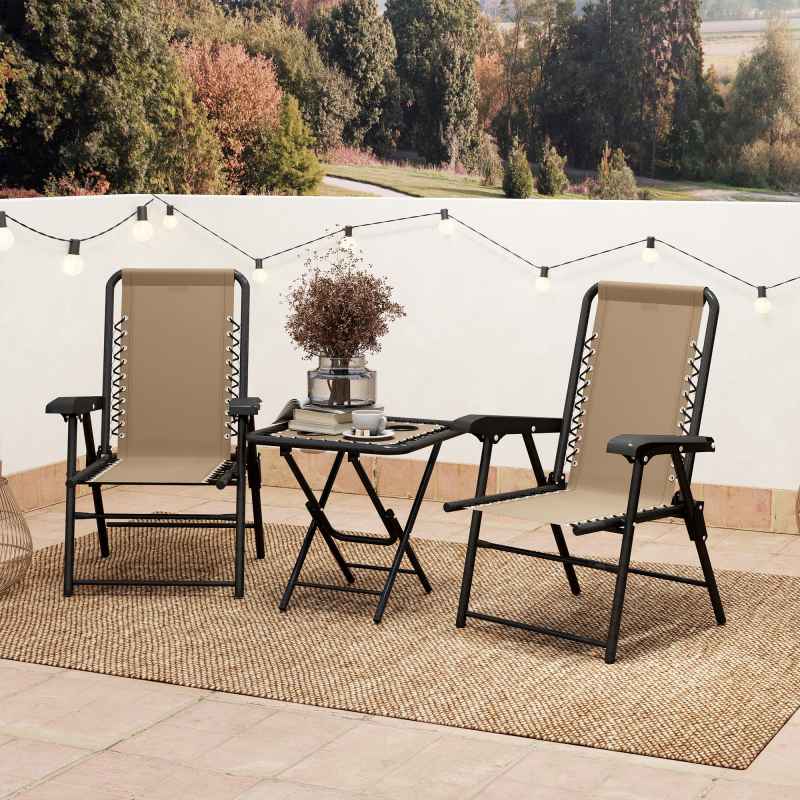 Outsunny 3 Pieces Garden Bistro Set, Folding Table and Chairs Set, Metal Garden Furniture Set with Cup Holders for Outdoor, Patio, Balcony, Khaki