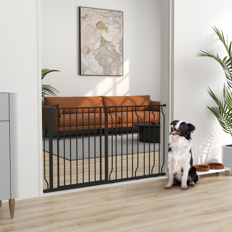 PawHut Dog Gate Wide Stair Gate w/ Door Pressure Fit Pets Barrier for Doorway, Hallway, 76H x 75-145W cm - Black