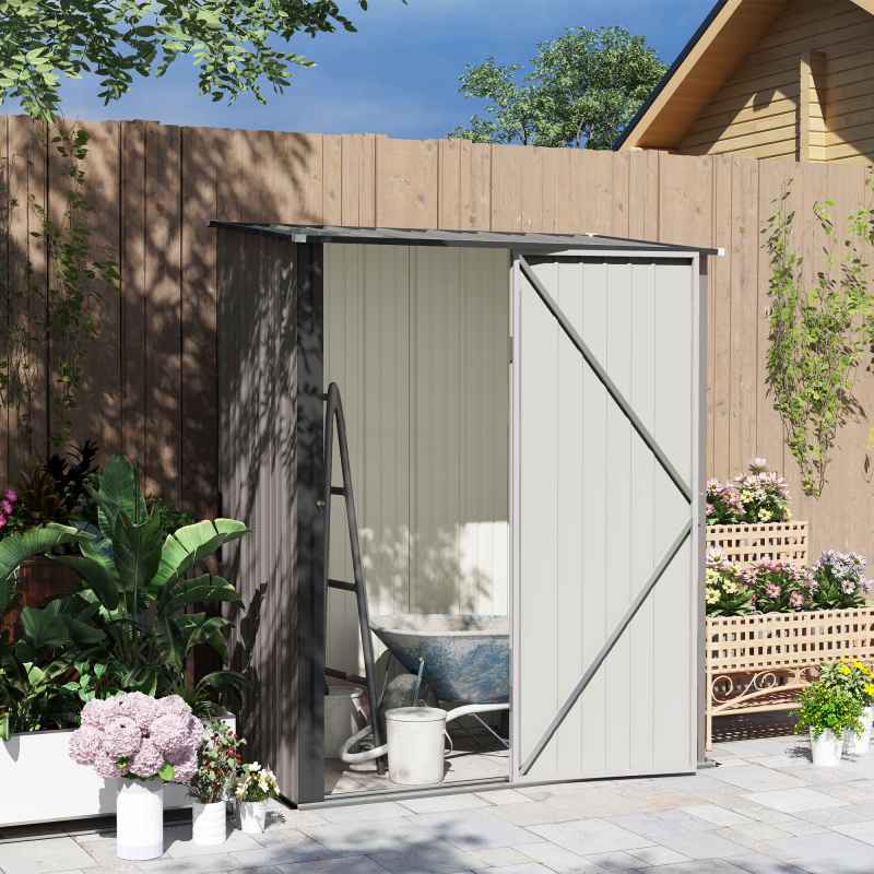 Outsunny 5ft x 3ft Lean to Garden Shed, Metal Outdoor Storage Shed with Single Lockable Door, Tool Storage Shed for Garden, Patio, Light Grey