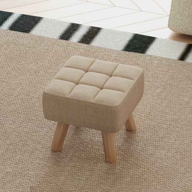 HOMCOM Modern Tufted Footstool, Fabric Foot Stool with Rubber Wood Legs, Padded Seat, for Living Room, Bedroom, Entryway