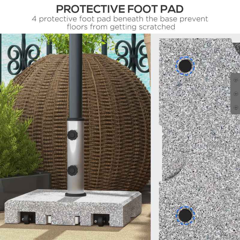 Outsunny 28kg Granite Parasol Base, Heavy Duty Square Umbrella Stand with Wheels and Retractable Handle, Parasol holder for 32mm, 38mm, 48mm Poles, Grey