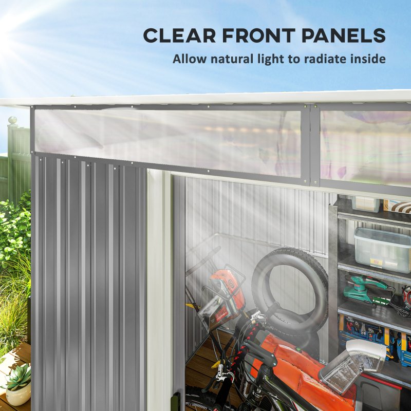 Outsunny 8.5 x 6ft Metal Shed with Lightsky Panels, Garden Storage Tool House with Double Doors for Garden, Patio and Lawn, Grey