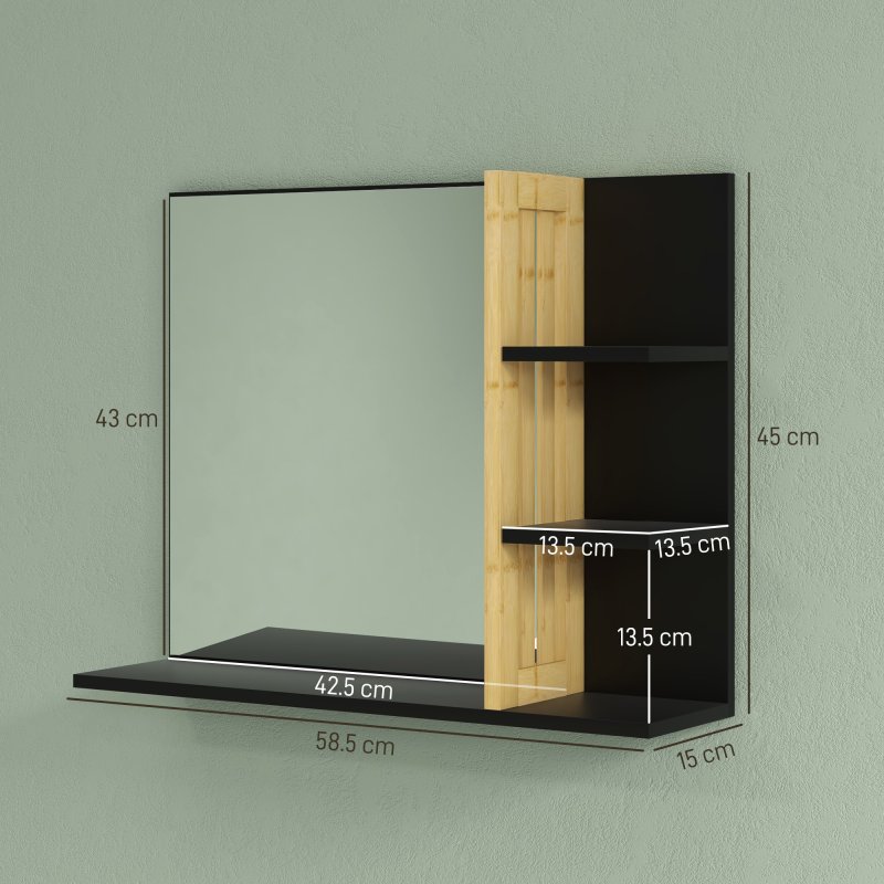 HOMCOM Modern Bathroom Mirror with Shelf, Wall-mounted Vanity Mirror with 4 Storage Shelves and Bamboo Panel for Make Up