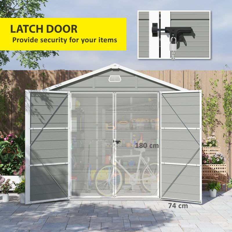 Outsunny 8 x 6ft Plastic Garden Storage Shed with Foundation Kit, Polypropylene Outdoor Storage Tool House with Ventilation Slots and Lockable Door, Light Grey