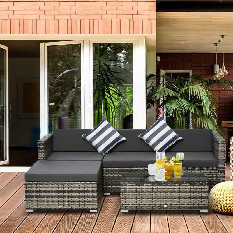 Outsunny 5 Piece Rattan Garden Furniture Set, Outdoor Corner Sofa with 67 cm Wide & Deep Seat, Sectional Outdoor Furniture Conversation Set with Cushions, Glass Top Coffee Table for Patio, Mixed Grey