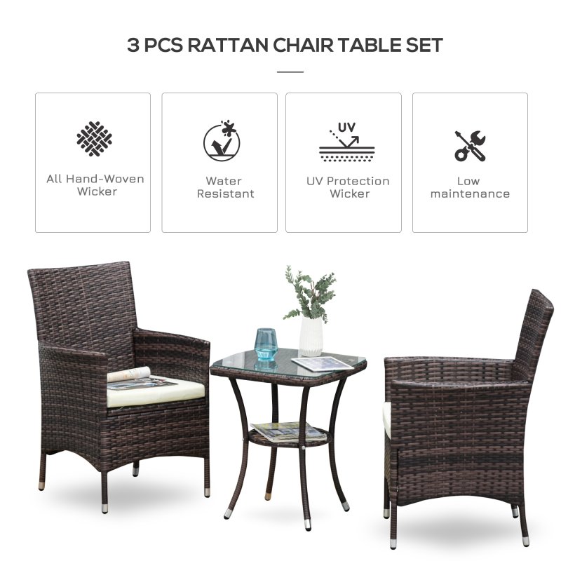 Outsunny 3 Pieces Rattan Bistro Set, Wicker Garden Furniture Set with 2-Tier Coffee Table and Chairs, Cushions, for Outdoor Patio Balcony, Brown