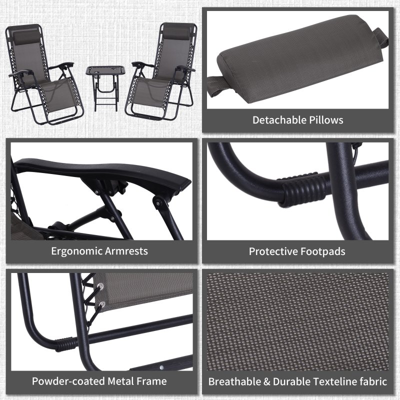 Outsunny Folding Zero Gravity Chairs, 3 Pieces Adjustable Sun Lounger and Table Set with Cup Holder and Headrest, Patio Bistro Set with Reclining Garden Chairs for Outdoor, Dark Grey