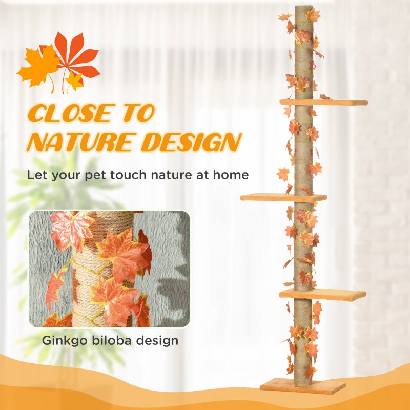 PawHut 242cm Floor to Ceiling Cat Tree for Indoor Cats with Leaves, Height Adjustable Cat Climbing Tower with Scratching Post, Anti-Slip Kit - Orange