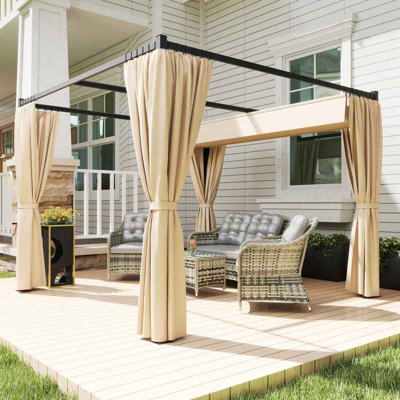 Outsunny 3 x 3(m) Pergola with Retractable Roof Canopy and Curtains, Metal Frame Garden Gazebo Outdoor Sun Shade Shelter for Grill, Patio, Deck, Khaki