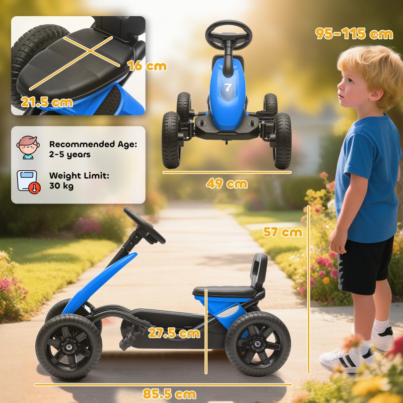 AIYAPLAY Pedal Go Kart for Kids, Children Ride-On Race Car with Silent EVA Tyres, for 2-5 Years, Blue