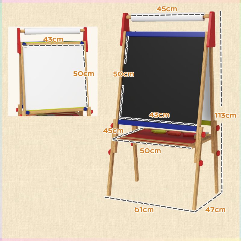 AIYAPLAY Kids Easel, 3 in 1 Art Easel Double Sided Height Adjustable with Paper Roll, Whiteboard, Chalkboard, Painting Accessories, Natural Wood Finish