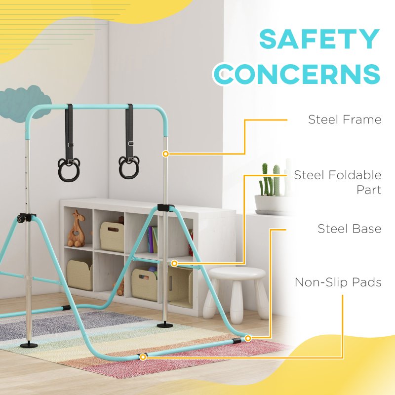 HOMCOM Kids Gymnastics Bar, Horizontal Bar for Kids, Adjustable Height Folding Gymnastics Equipment with Gymnastic Rings, Non-slip Rubber Floor Rings, for Home, Flat, Green
