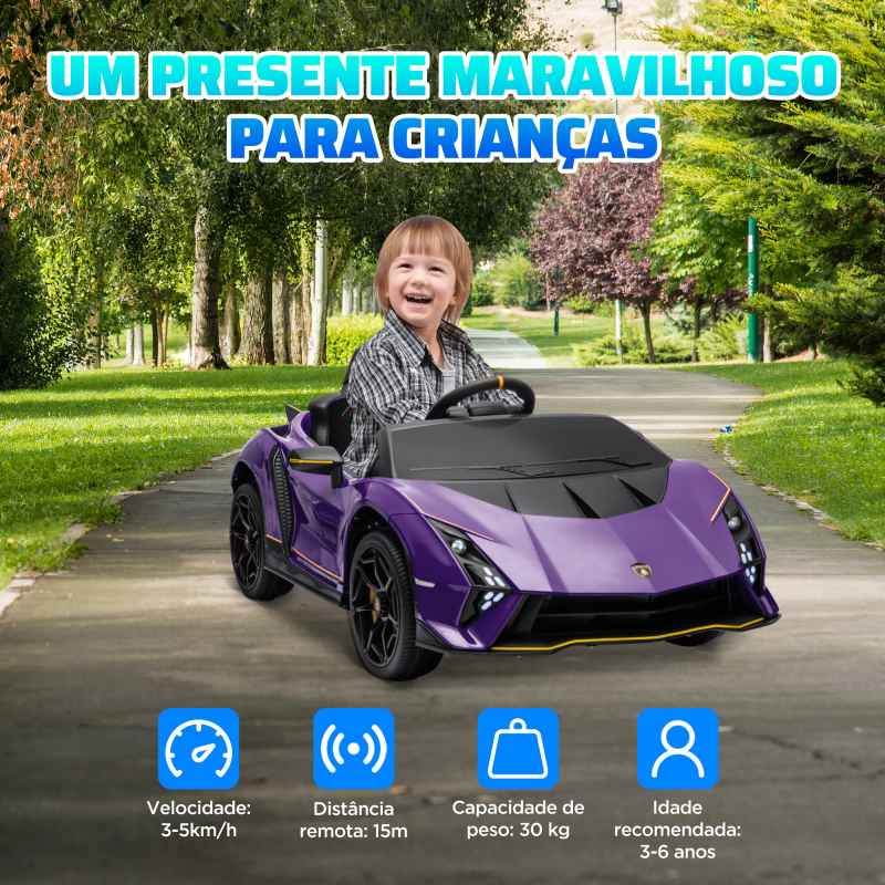 AIYAPLAY 12V Lamborghini Autentica Licensed Kids Electric Car with Butterfly Doors, Ride on Car with Remote Control, 4 Suspension Wheels, Soft Start, LED Lights, Music, Horn, Purple