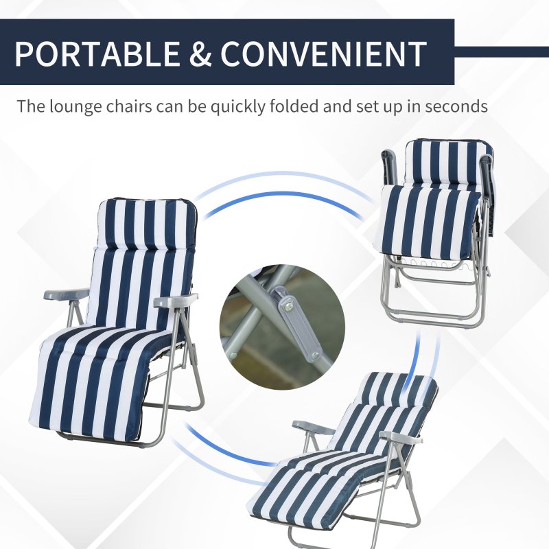 Outsunny Reclining Garden Chair Set of 2, 5-Level Adjustable Zero Gravity Chairs with Cushions, Folding Sun Lounger Garden Recliner Chairs with Armrests for Outdoor, Patio, Blue Stripe