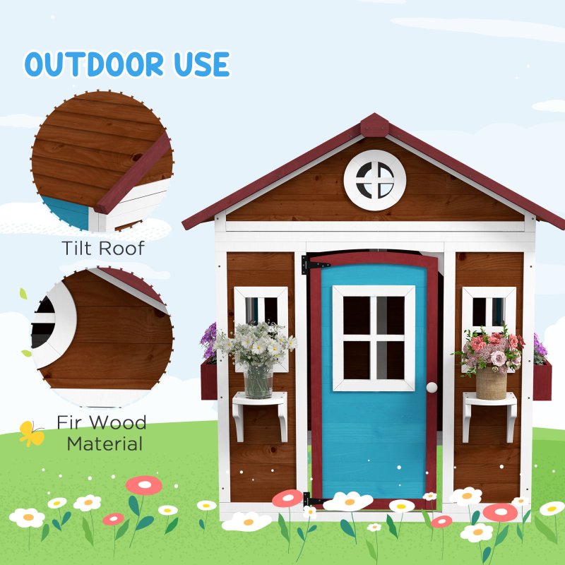 Outsunny Wooden Playhouse for Kids Outdoor Wendy House with Doors, Windows, Plant Pots, Boxes, for 3-8 Years - Dark Brown