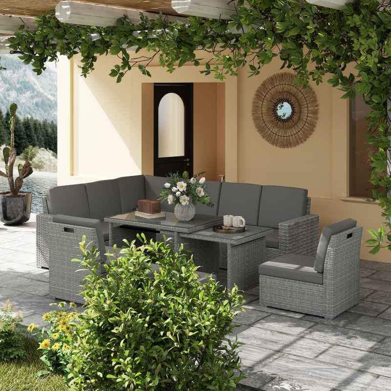 Outsunny 10 Seater Rattan Dining Set with Expandable Table and Nesting Chairs, Rattan Garden Furniture Set with Cushions, Outdoor Dining Table and Chairs, Sectional Corner Sofa Set, Light Grey