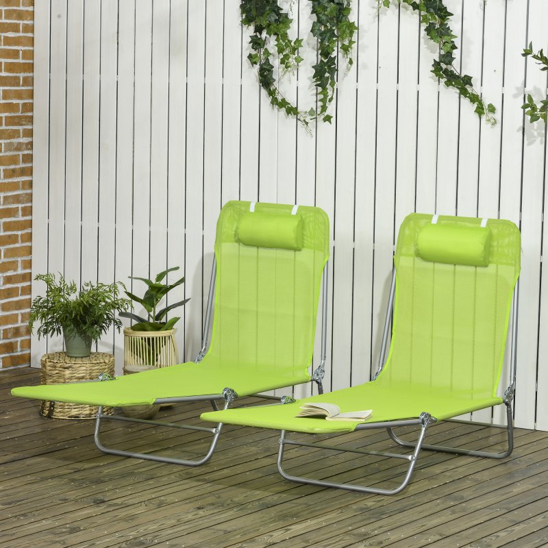 Outsunny Set of 2 Outdoor Foldable Sun Loungers, Adjustable Backrest Garden Recliner Sun Lounger Chair with Headrest Pillow, Green