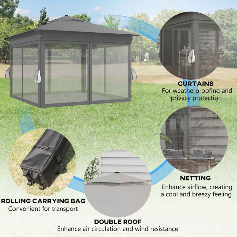 Outsunny 3 x 3(m) Pop Up Gazebo with Sides, 20 Solar-Powered LED Lights, Netting, Roller Bag, 4 Weight Bags, Marquee Party Tent, Height Adjustable Instant Event Shelter, Grey