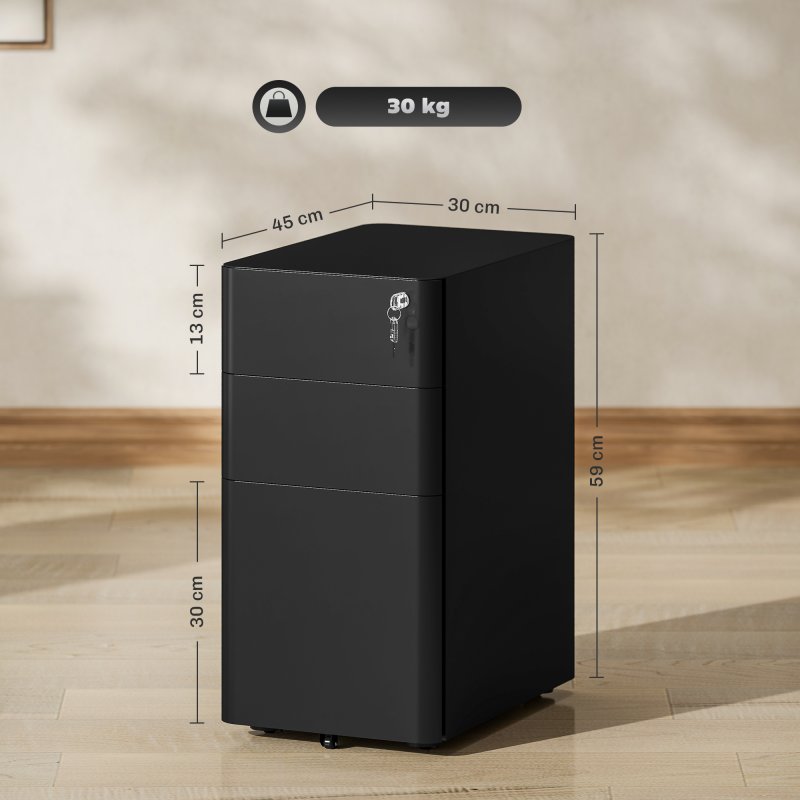 Vinsetto 3-Drawer Mobile Filing Cabinet, Steel Lockable File Cabinet for A4, Legal, Letter, Compact Under Desk Storage Unit with Pre-Assembled Body for Home Office, 30 x 45 x 59cm, Black