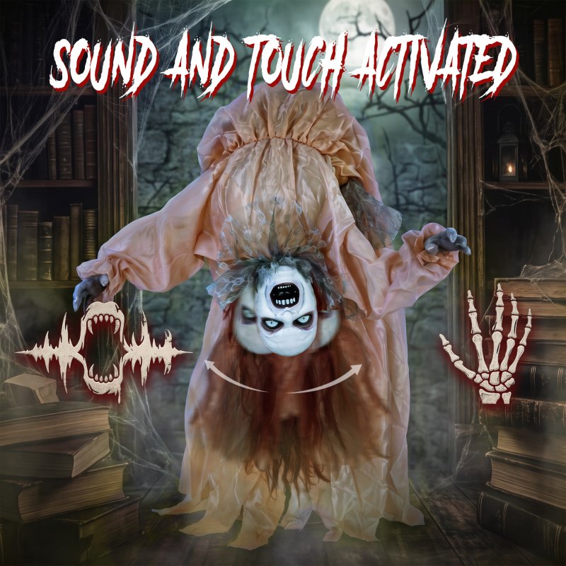 HOMCOM 100 cm Animated Halloween Broken-Back Ghost, Halloween Animatronics Swaying Female Ghoul with Creepy Screams, Glowing Eyes, Sound/Touch Activated, for Indoor, Covered Outdoor