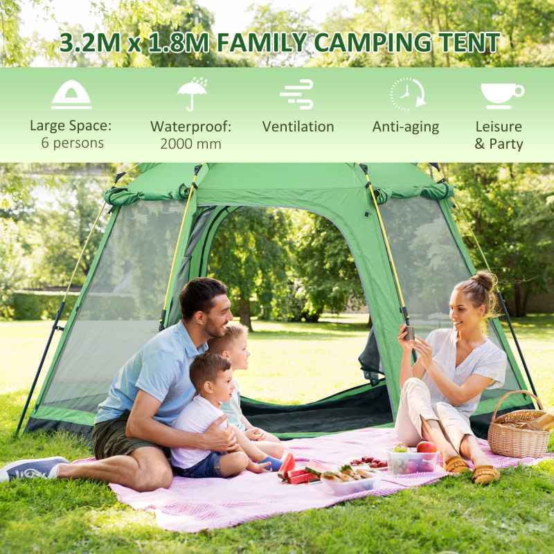 Outsunny 6 Person Pop Up Camping Tent, 2-Tier Design Backpacking Tent with 4 Windows 2 Doors Portable Carry Bag for Fishing Hiking, Green