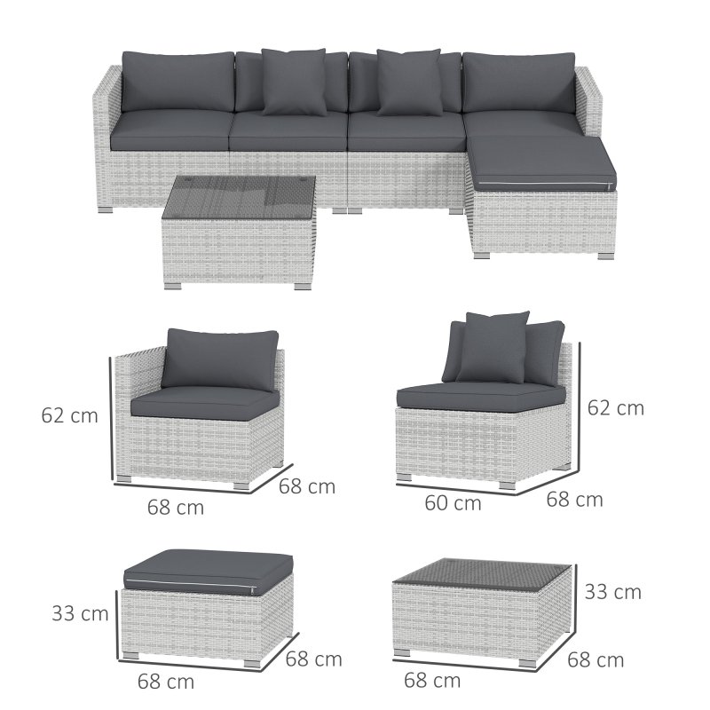 Outsunny 6 Pieces Rattan Garden Furniture Set, 5 Seater Sectional Garden Corner Sofa Set with Glass Top Coffee Table, Cushions and Pillows, All-Weather Wicker Conversation Furniture, Mixed Grey