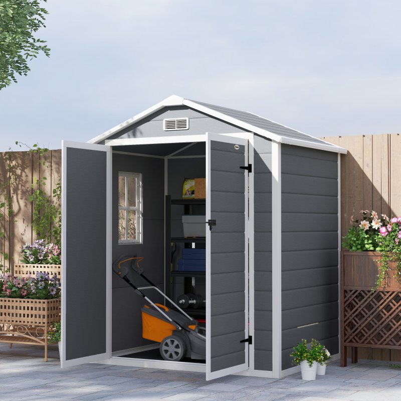 Outsunny 6 x 4.5FT Plastic Garden Shed with Floor, Lockable Tool Storage House with Window, Vent and Plastic Roof, Grey