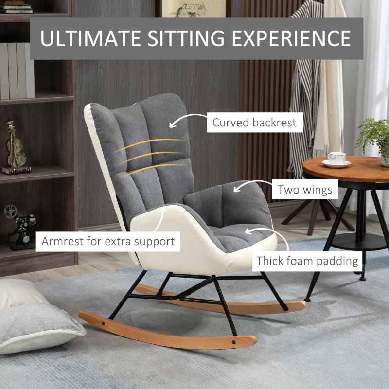 HOMCOM Rocking Chair for Nursery, Upholstered Wingback Armchair with Steel and Wood Legs for Living Room, Bedroom, Balcony, Grey and Cream