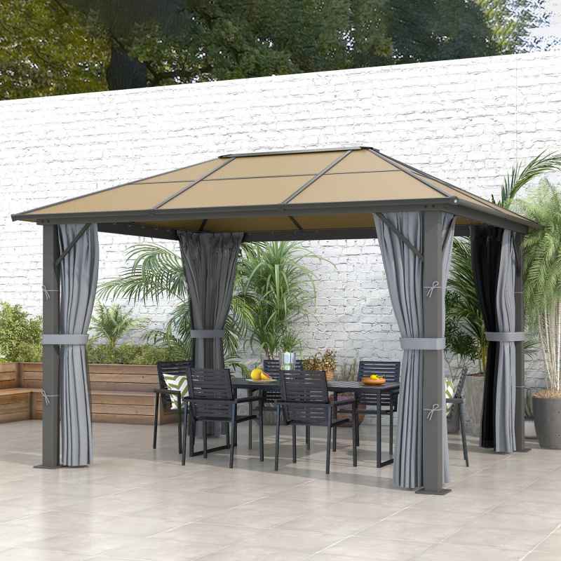 Outsunny 3 x 3.6m Hardtop Gazebo Canopy with Polycarbonate Roof, Aluminium Frame, Permanent Pavilion Garden Gazebo with Netting and Curtains - Grey