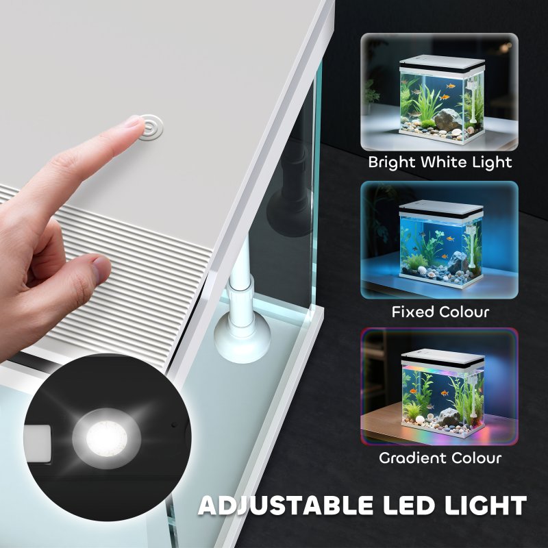 PawHut Fish Tank, 14L Glass Aquarium with Filter System, LED Lights, Water Pump, Betta Fish Tank for Goldfish, Shrimps, White