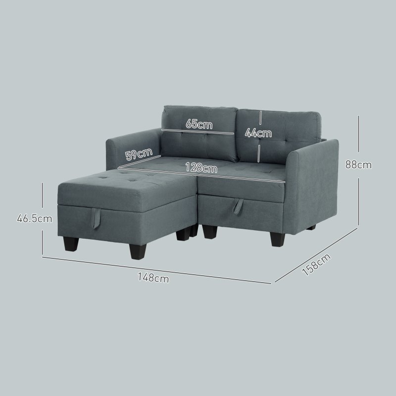 HOMCOM Convertible Modular Sectional Sofa with Storage, Tufted 2 Seater Sofa Set, L Shaped Couch with Ottoman, Wood Frame for Living Room