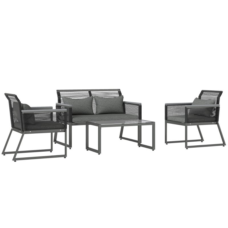 Outsunny 4 Pieces Rattan Garden Furniture Set, Metal Frame Outdoor Furniture Sofa Set with Cushions, Pillows & Tempered Glass Top Table, Wicker Garden Sofa for Conservatory, Patio, Charcoal Grey