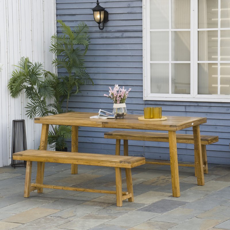 Outsunny 3 Pieces Picnic Bench Set with Table and 2 Benches, Acacia wood Dining Trestle Beer Table and Seat,  Natural Wood Finish