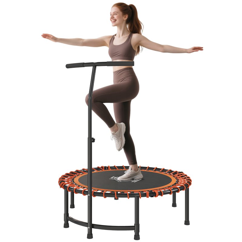 HOMCOM 45" Fitness Trampoline with Adjustable Handle, Folding Rebounder Trampoline Mini Jumper for Indoor Exercise Workout, Support Up to 100kg, Orange