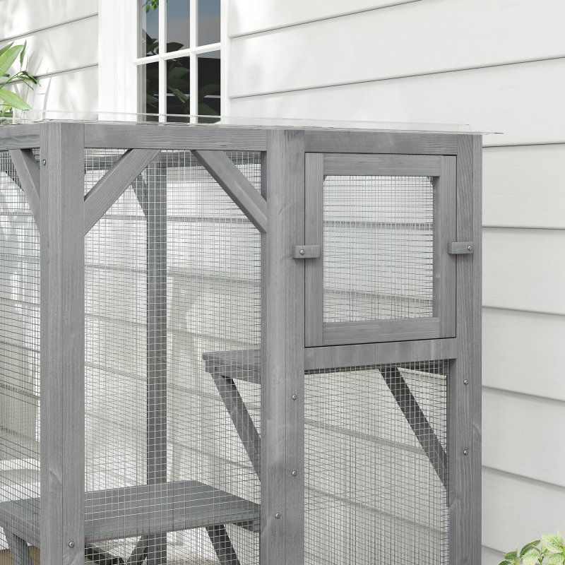 Pawhut Wooden Cat House 71" Catio Outdoor Cat Enclosure with 3 Platforms Large Door