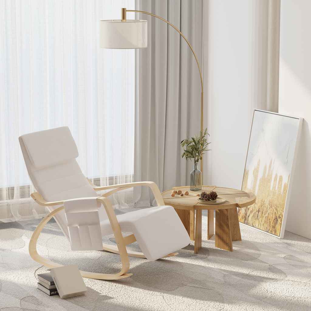 HOMCOM Cream White Rocking Recliner Chair with Adjustable Footrest: Yavolo